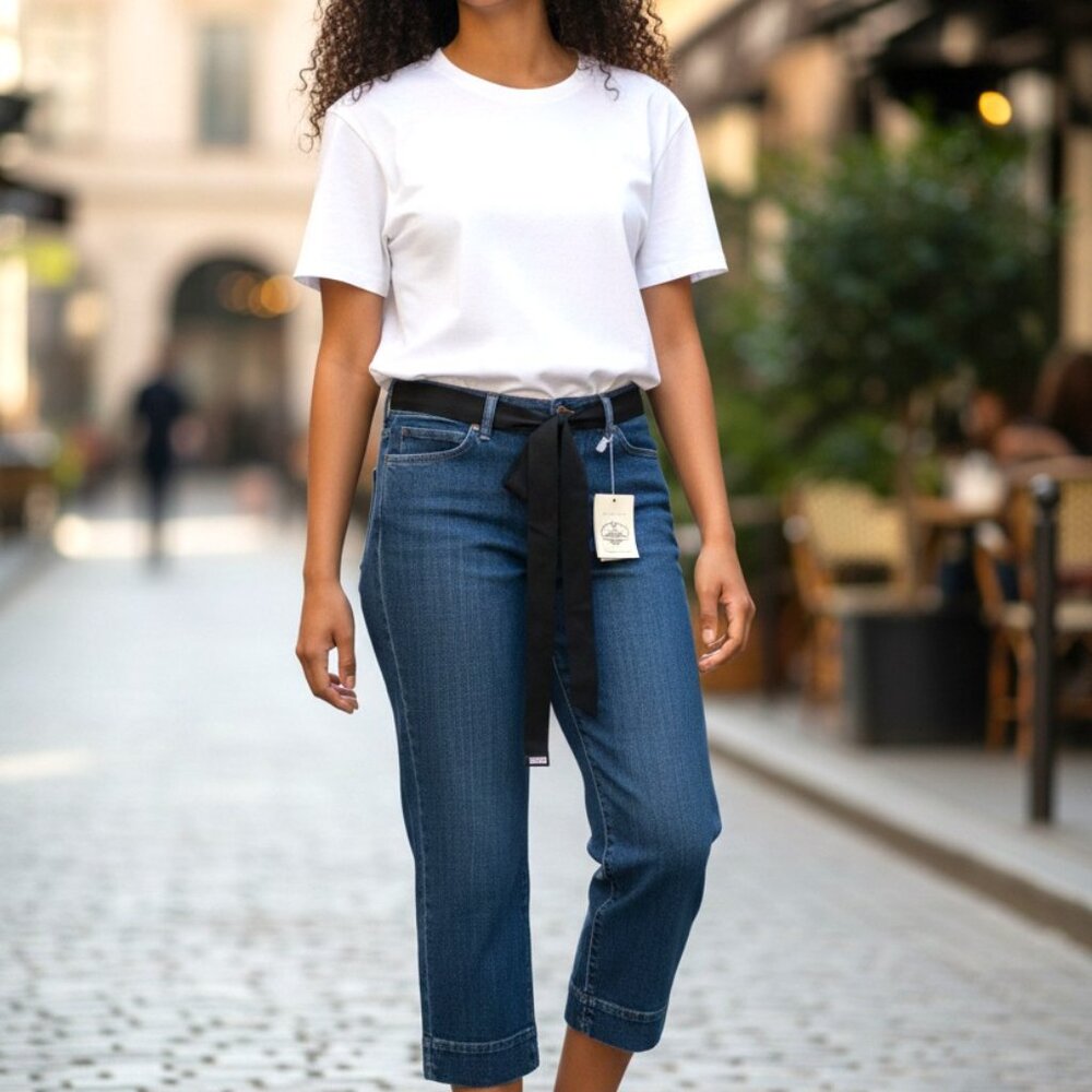 (G-215)White House Black Market Cropped Jeans Women Size 6 Blue Denim w/‎ Belt M